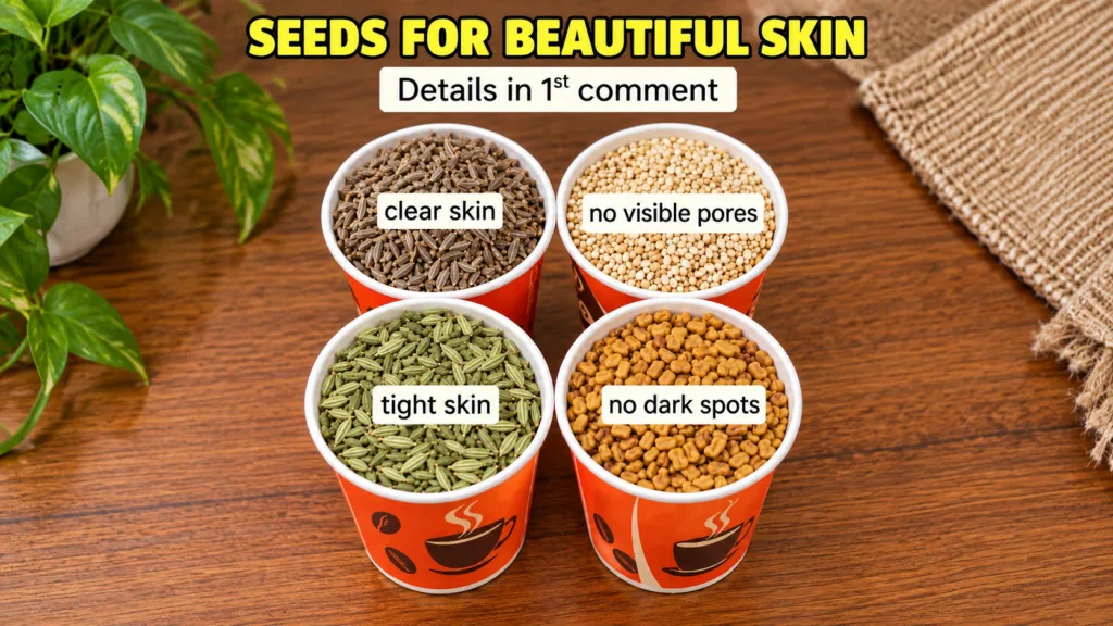 Four paper cups filled with cumin quinoa fennel and fenugreek seeds each labeled with a skin benefit arranged on a woode