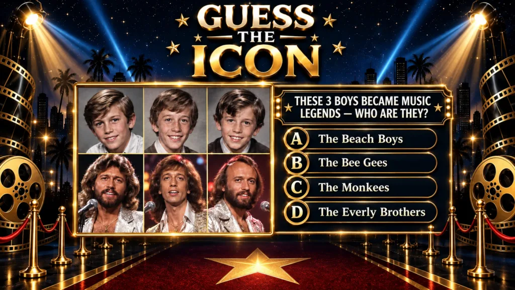 A quiz poster with six portraits three young boys on top and the three adult Bee Gees musicians below set against a thea