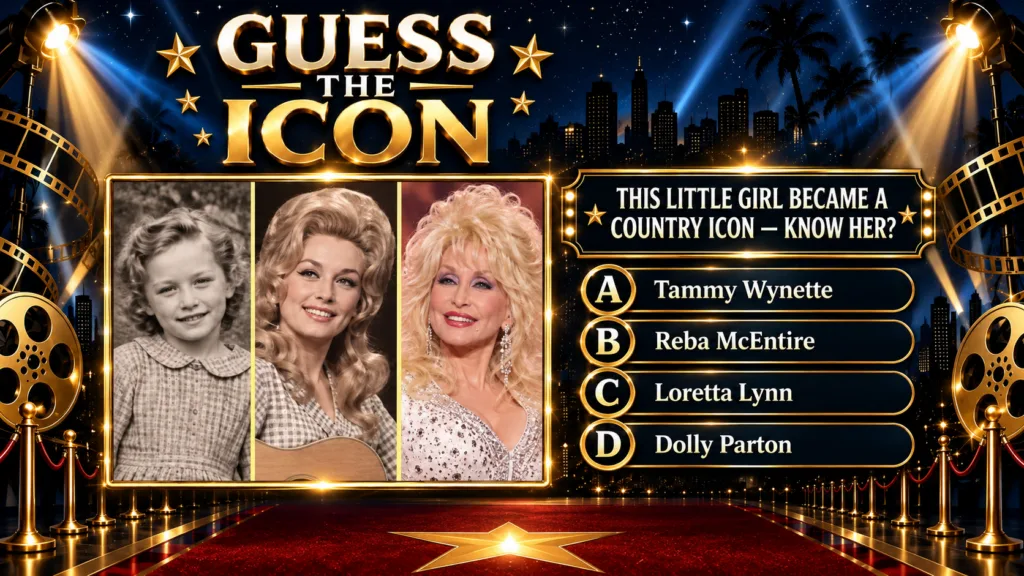 A Guess the Icon quiz image featuring three framed portraits of Dolly Parton as a child a young adult with a guitar and 