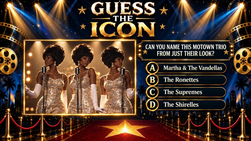Three elegantly dressed female singers in sparkling gowns white gloves and large beehive hairstyles standing behind micr