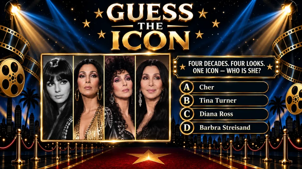 A quiz graphic with four portraits of Cher from different decades titled GUESS THE ICON with FOUR DECADES FOUR LOOKS ONE