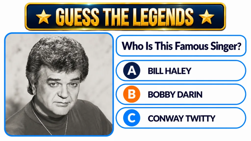 A mobile game screen with a black-and-white portrait of Conway Twitty asking Who Is This Famous Singer with multiple-cho