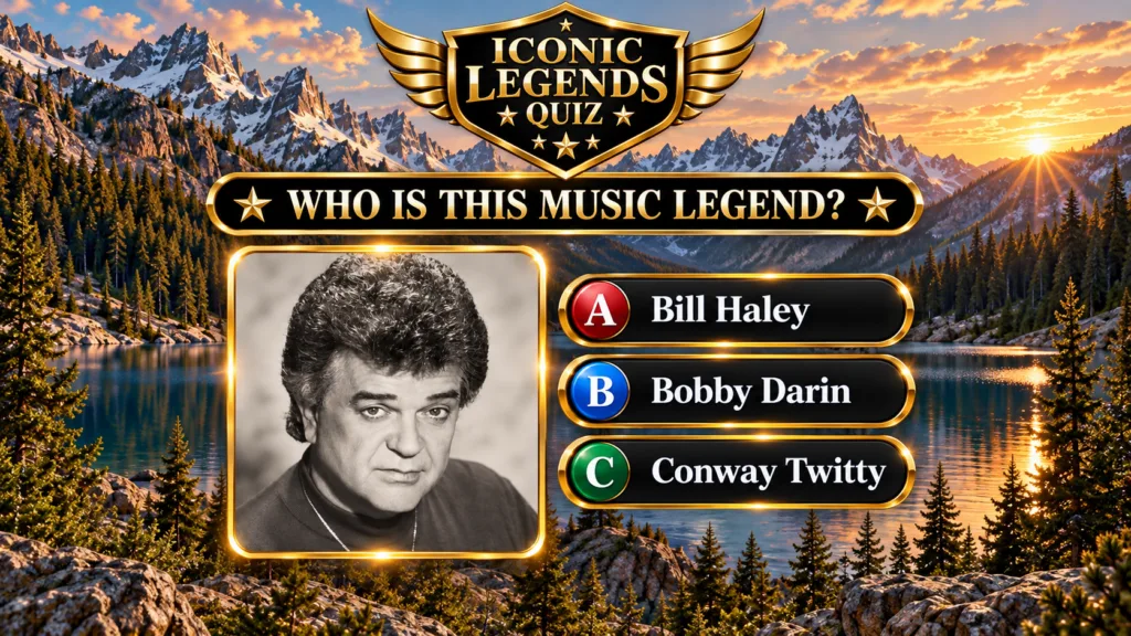 A black and white portrait of Conway Twitty framed in gold as part of a quiz interface overlaid on a serene mountain lak