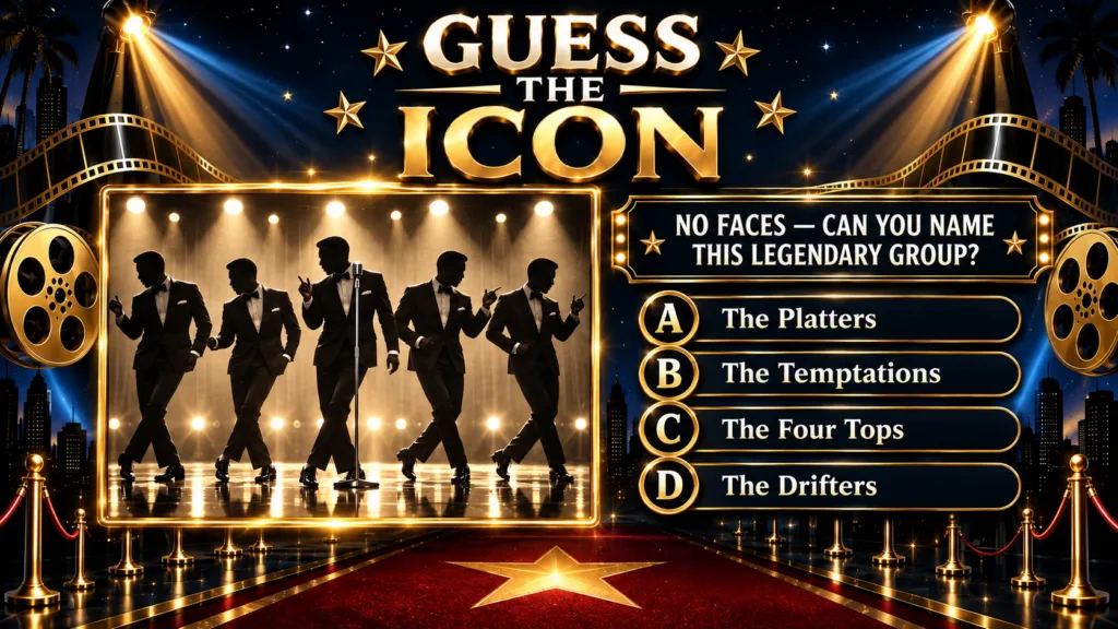 A vertical quiz poster with a Guess The Icon theme featuring five silhouetted male figures in suits striking dancing pos