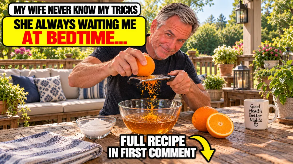 A smiling middle-aged man zesting an orange into a bowl surrounded by oranges and other ingredients on a rustic table in