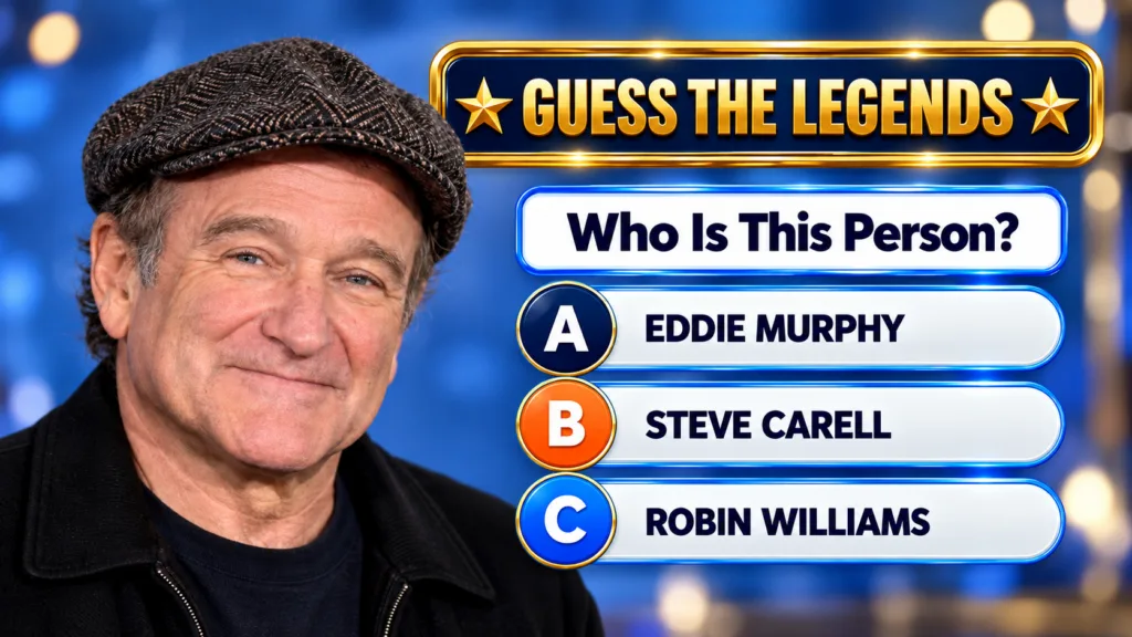 A quiz interface featuring a close-up portrait of Robin Williams smiling wearing a tweed flat cap and a dark jacket agai