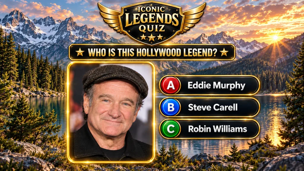 A mobile quiz interface featuring Robin Williams headshot in a golden frame set against a mountain lake sunset with the