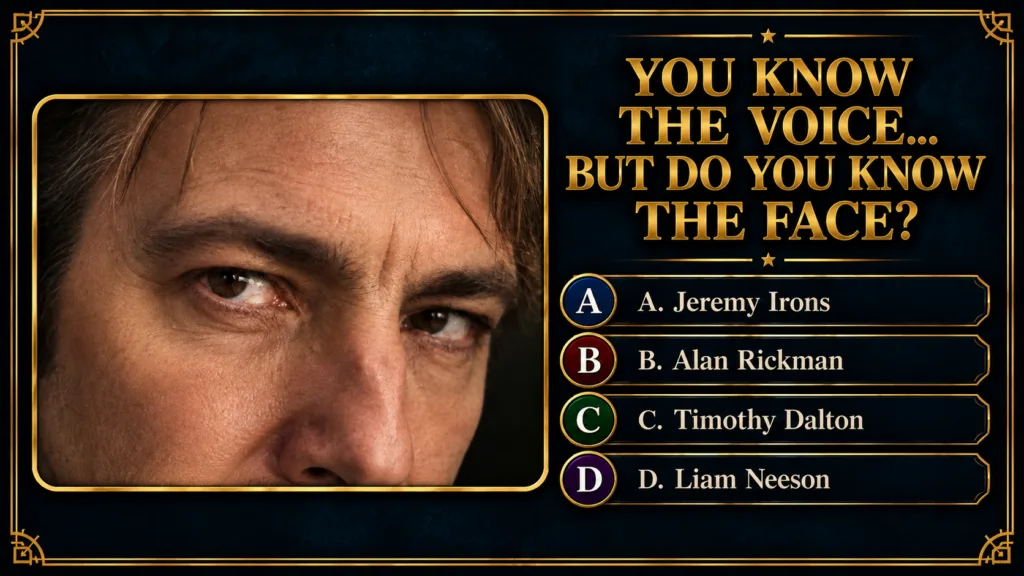 A close-up of Alan Rickman s intense eyes hinting at his iconic roles framed as part of a quiz card