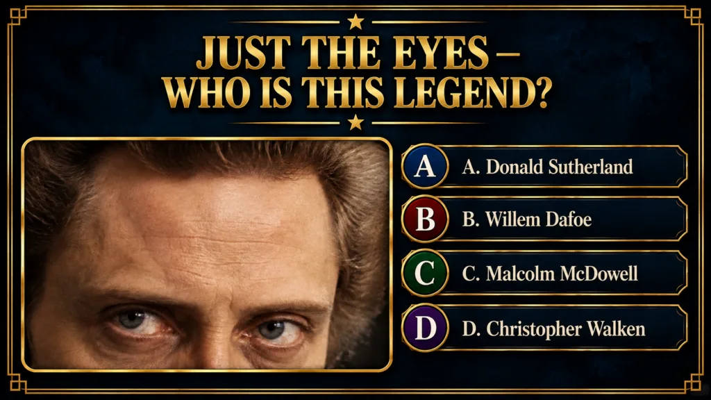 A close-up of a man s eyes and forehead framed within a decorative golden border presented as a Guess the Legend quiz