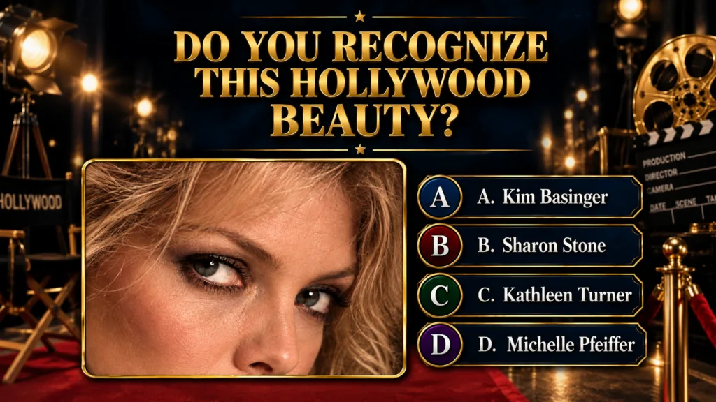 A retro-style quiz card with a dark blue background and golden borders The central image is a close-up crop of a woman s