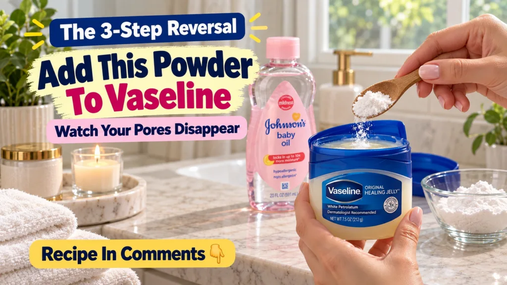 White powder is poured from a small wooden spoon into an open jar of Vaseline In the background out of focus a pink bott