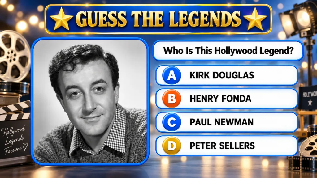 A multiple-choice quiz image titled GUESS THE LEGENDS featuring a black and white portrait of Peter Sellers and four ans