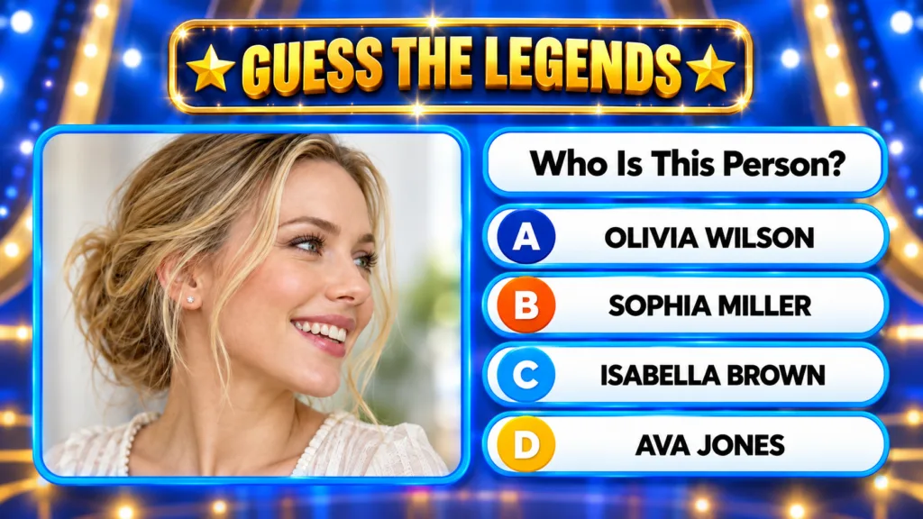 A multiple-choice quiz image showing a close-up profile shot of a smiling blonde woman with four celebrity names as opti