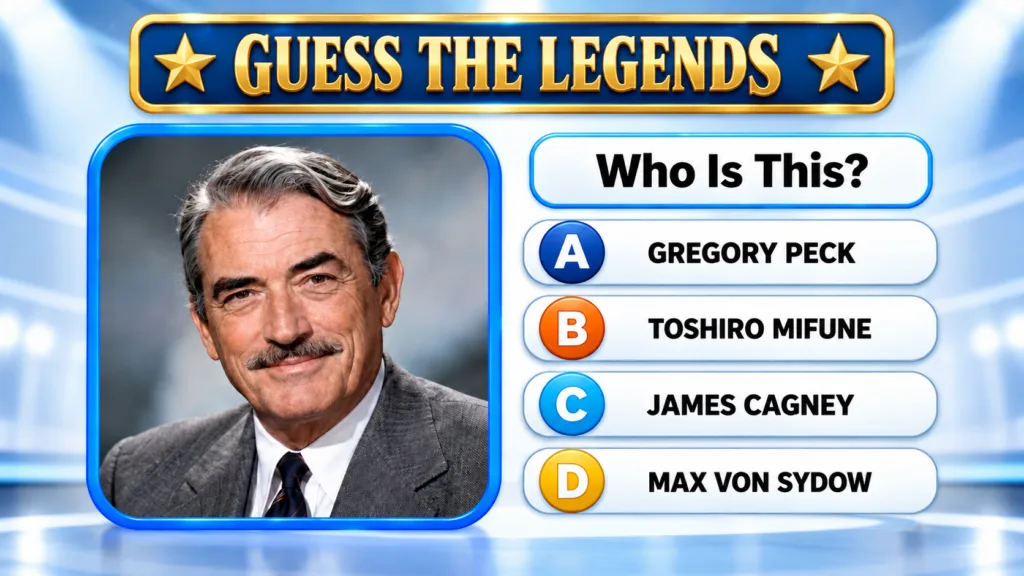 Quiz image showing an elderly Gregory Peck with four multiple choice options