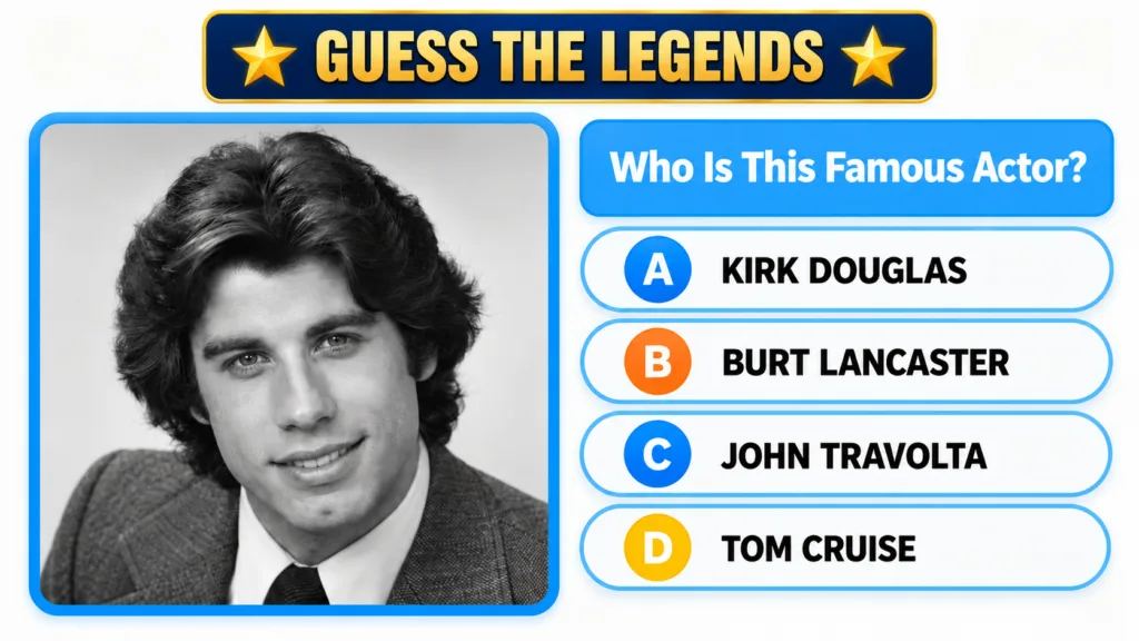 A black and white headshot of a young John Travolta part of a mobile-style quiz interface with the question Who Is This 