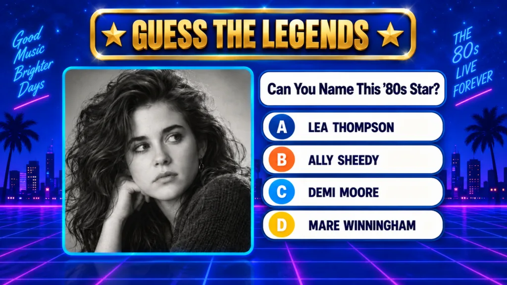 Black and white portrait of a young Ally Sheedy styled as an 80s quiz image with multiple choice options