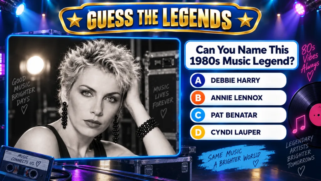 Black and white portrait of Annie Lennox with short spiky blonde hair and striking eyes part of a multiple-choice quiz a