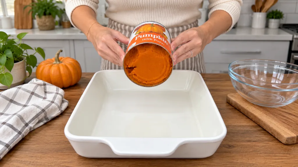 A pair of hands holding an open can of pumpkin puree over an empty white baking dish in a kitchen setting with decorativ