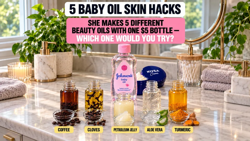 A clear organized display of ingredients and products suggesting DIY beauty solutions with a large bottle of Johnson s B