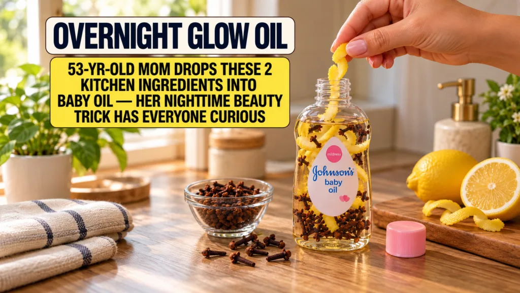 A hand holding a curled lemon peel over an open bottle of Johnson s baby oil which already contains lemon peels and clov