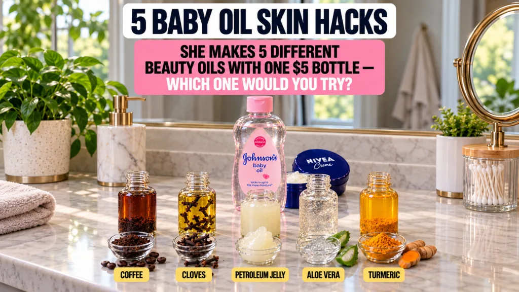A prominent bottle of Johnson s baby oil surrounded by five smaller bottles of infused oils coffee cloves petroleum jell