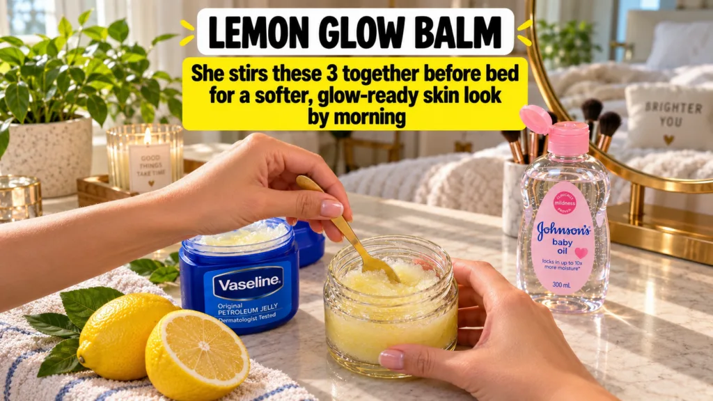 A woman s hands gently stirring a yellow mixture in a glass jar on a bright vanity with a blue tub of Vaseline a bottle