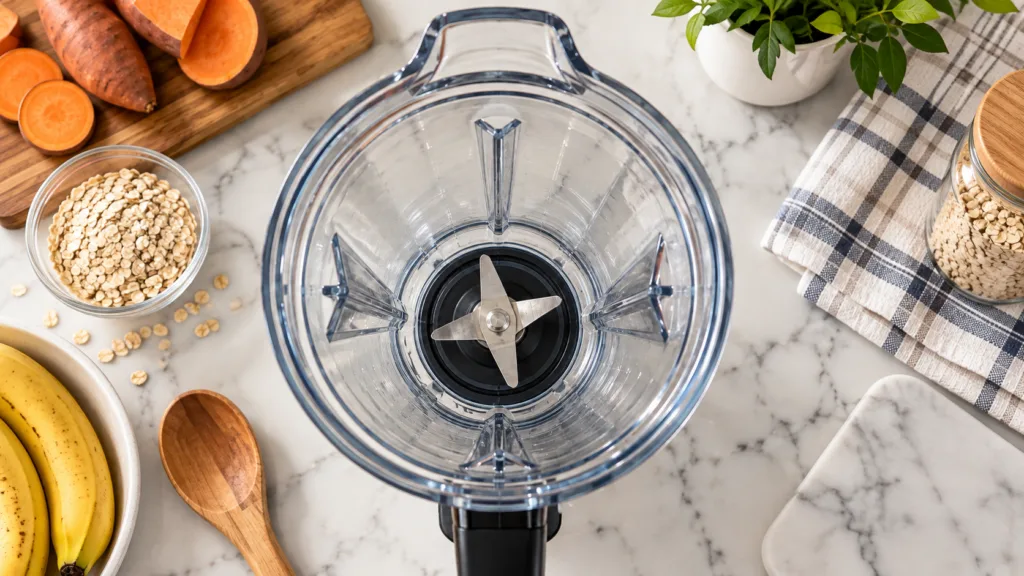 An empty clear blender pitcher on a light marble countertop surrounded by fresh ingredients like sliced sweet potatoes o