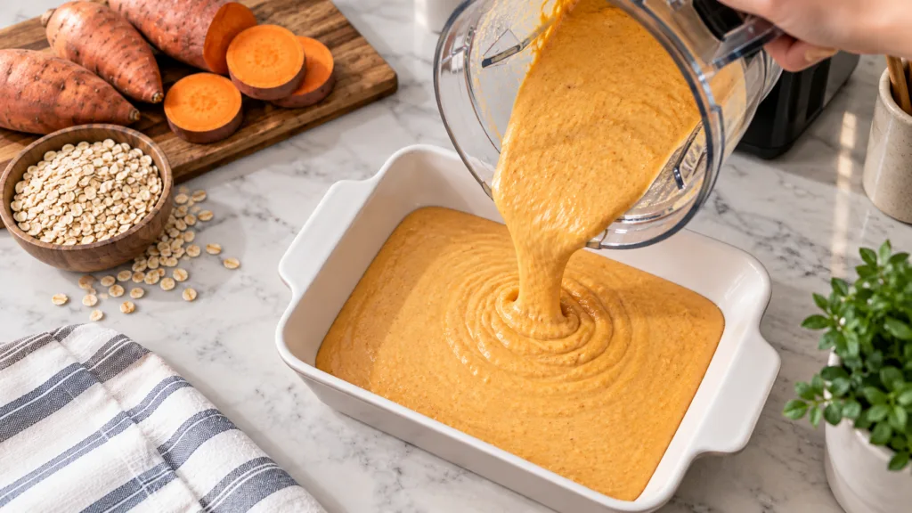 Thick orange sweet potato batter being poured from a blender into a white rectangular baking dish