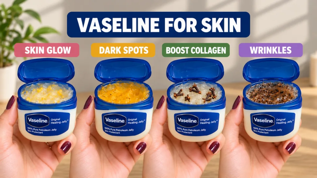 A vertical collage showcasing four hands each holding an open mini-jar of Vaseline Original Healing Jelly Each jar s con