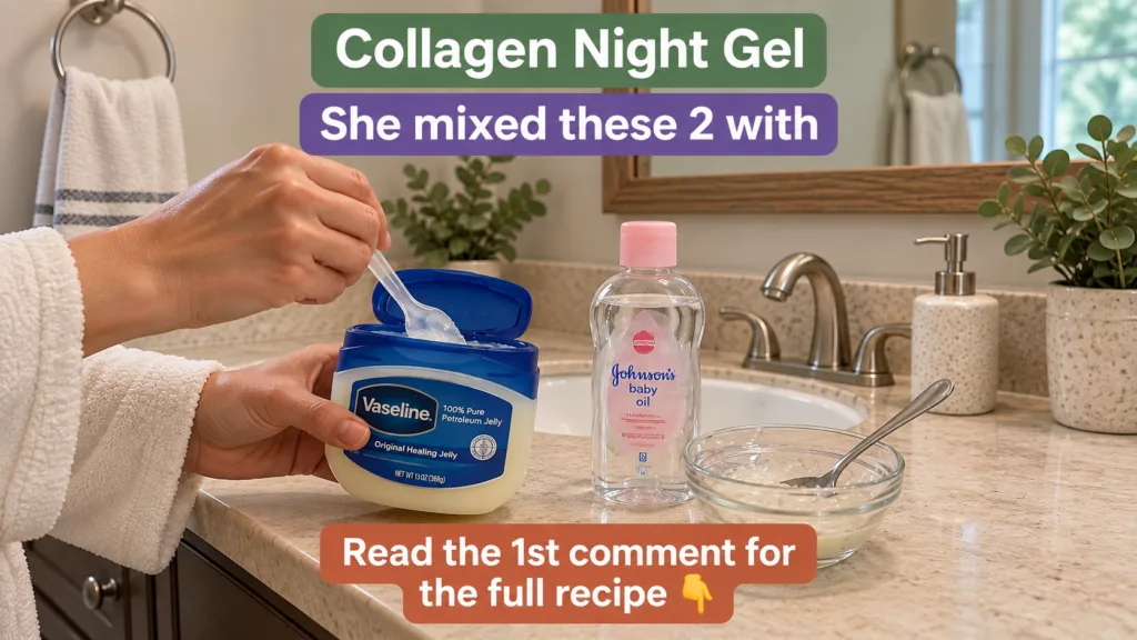 A person s hands scooping Vaseline petroleum jelly from a large tub with a plastic spoon with a bottle of Johnson s baby