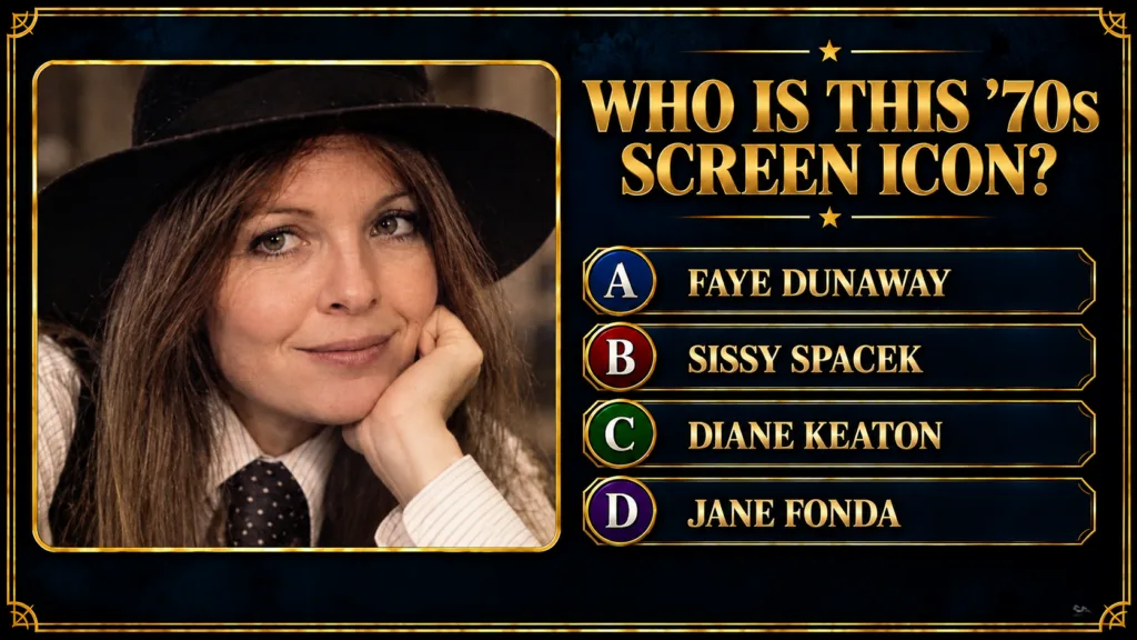 A 70s quiz card featuring a close-up portrait of Diane Keaton wearing a fedora striped shirt and polka-dot tie with gold