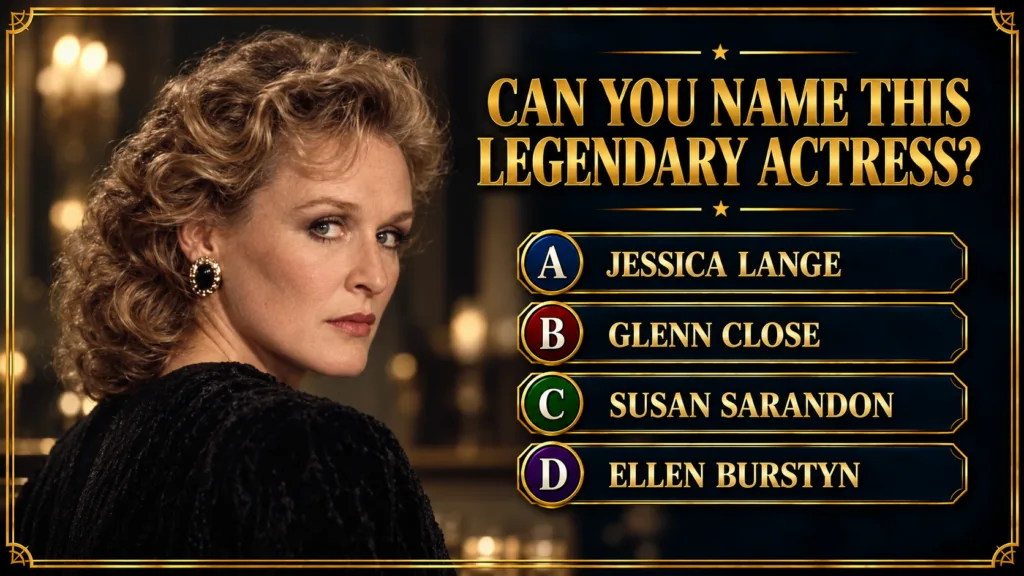 A quiz card featuring a portrait of actress Glenn Close from the chest up with a slight head turn and a direct composed