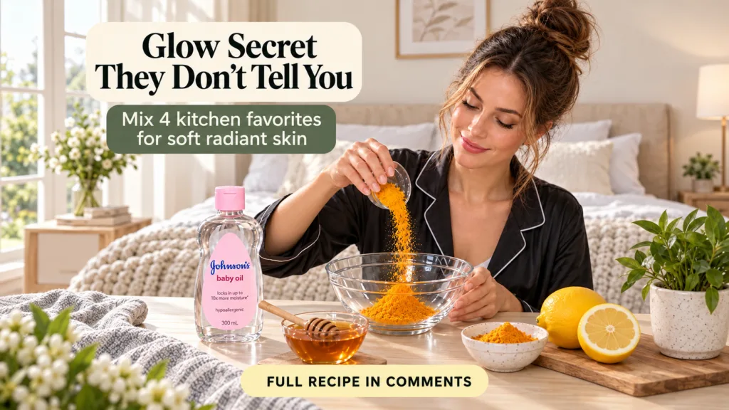 A woman in pajamas gently pouring yellow turmeric powder into a clear glass mixing bowl with Johnson s baby oil honey an