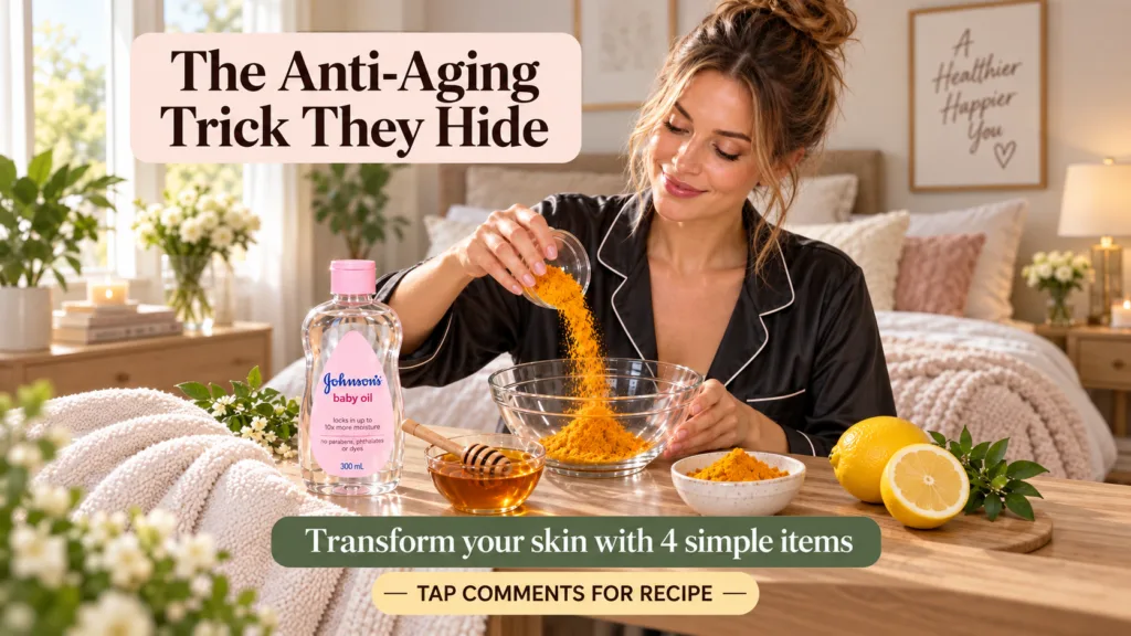 A woman pouring turmeric powder into a bowl surrounded by honey lemon and Johnson s baby oil on a wooden surface