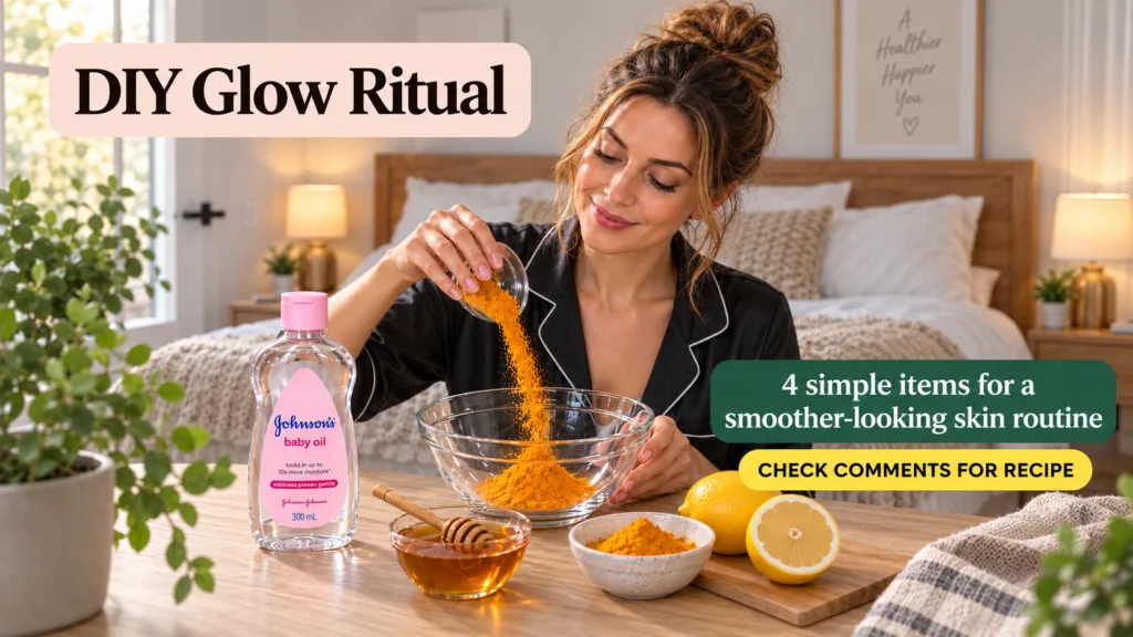 A woman in pajamas gently pouring yellow turmeric powder into a glass mixing bowl surrounded by honey Johnson s baby oil