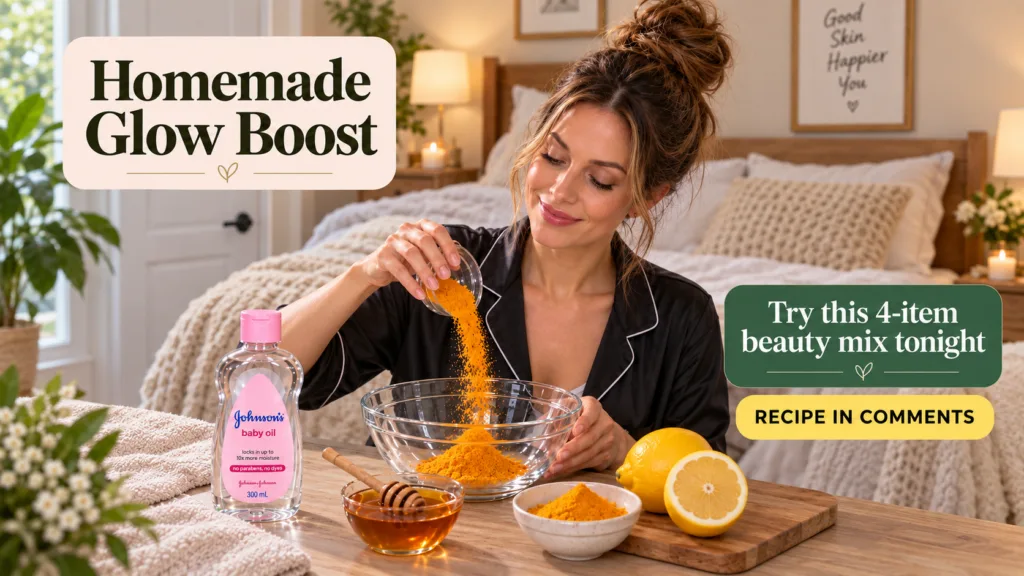 A woman in a cozy bedroom setting gently pouring yellow turmeric powder into a mixing bowl with other ingredients like J