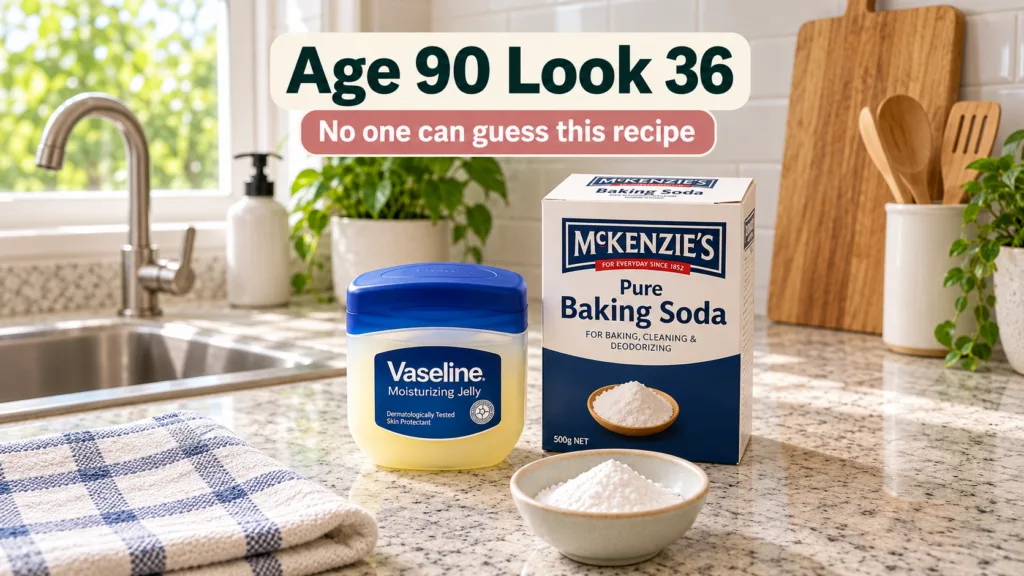 A tub of Vaseline Moisturizing Jelly and a box of McKenzie s Pure Baking Soda with a small bowl of baking soda on a kitc