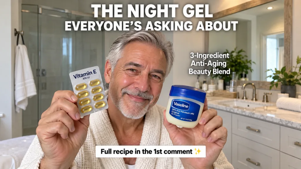 A smiling mature man in a white bathrobe holding a blister pack of Vitamin E capsules and a tub of Vaseline suggesting a