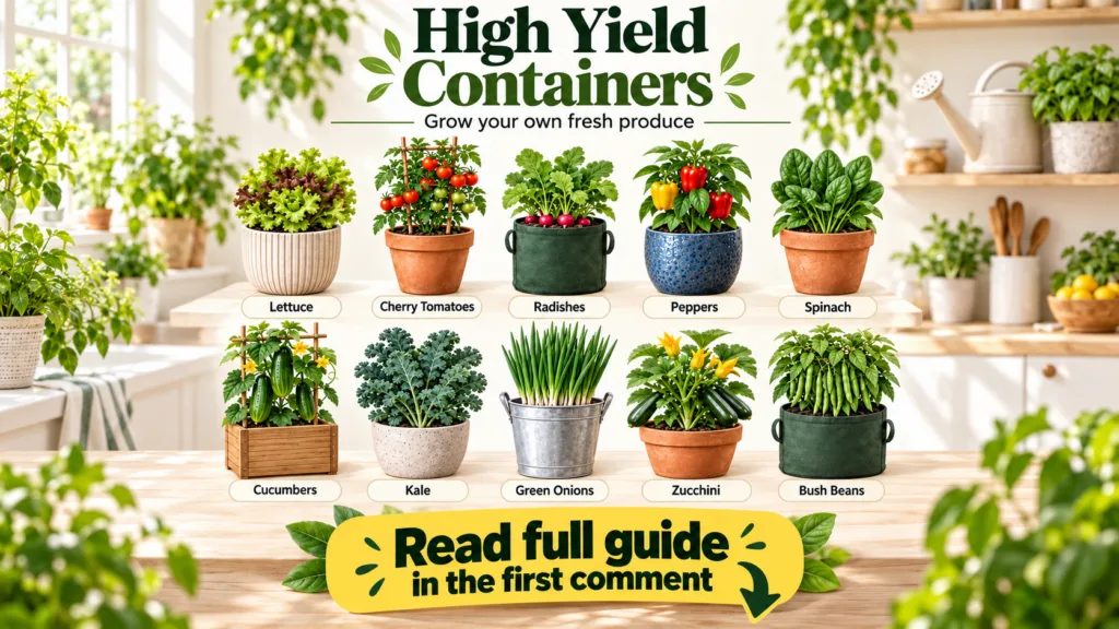 A vibrant array of different food plants including cherry tomato plants thriving in various containers like terracotta p