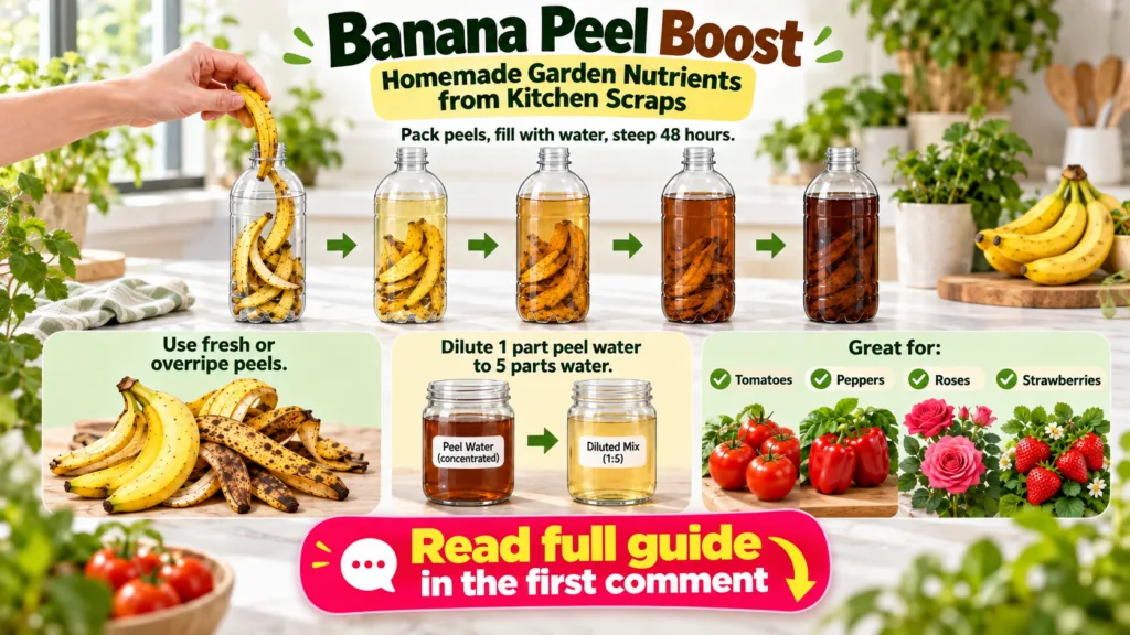 An infographic showing step-by-step instructions on how to make banana peel fertilizer by steeping peels in water illust