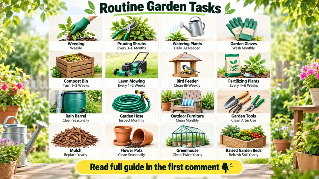 An infographic showing a 4x4 grid of various routine garden tasks and items including hands weeding a watering can garde
