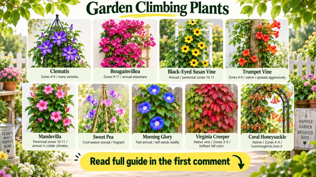A 3x3 grid showcasing nine different types of climbing plants each with distinct foliage and vibrant flowers and their n