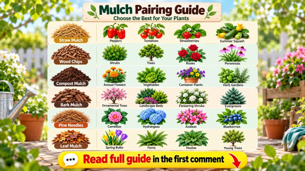 A comprehensive infographic titled Mulch Pairing Guide showing six types of mulch straw wood chips compost bark pine nee
