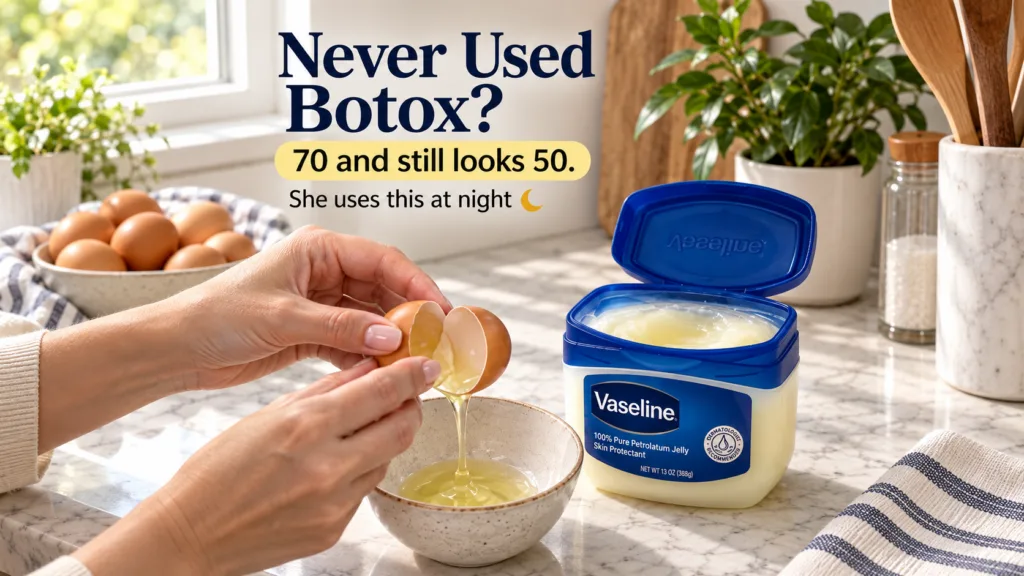 Hands separating an egg white into a bowl next to an open tub of Vaseline petroleum jelly and a bottle of olive oil sugg