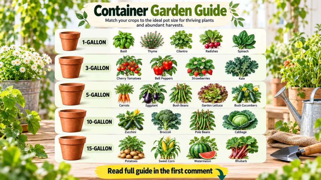 An infographic showing different vegetables and their ideal container sizes from 1 gallon to 15 gallons with illustratio