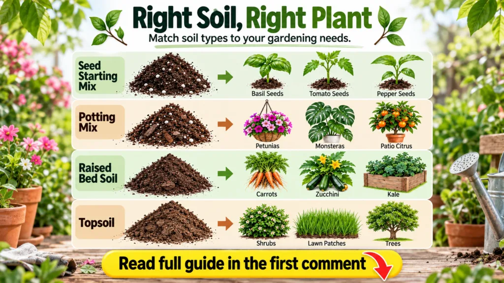 An infographic illustrating four different soil types Seed Starting Mix Potting Mix Raised Bed Soil and Topsoil each wit