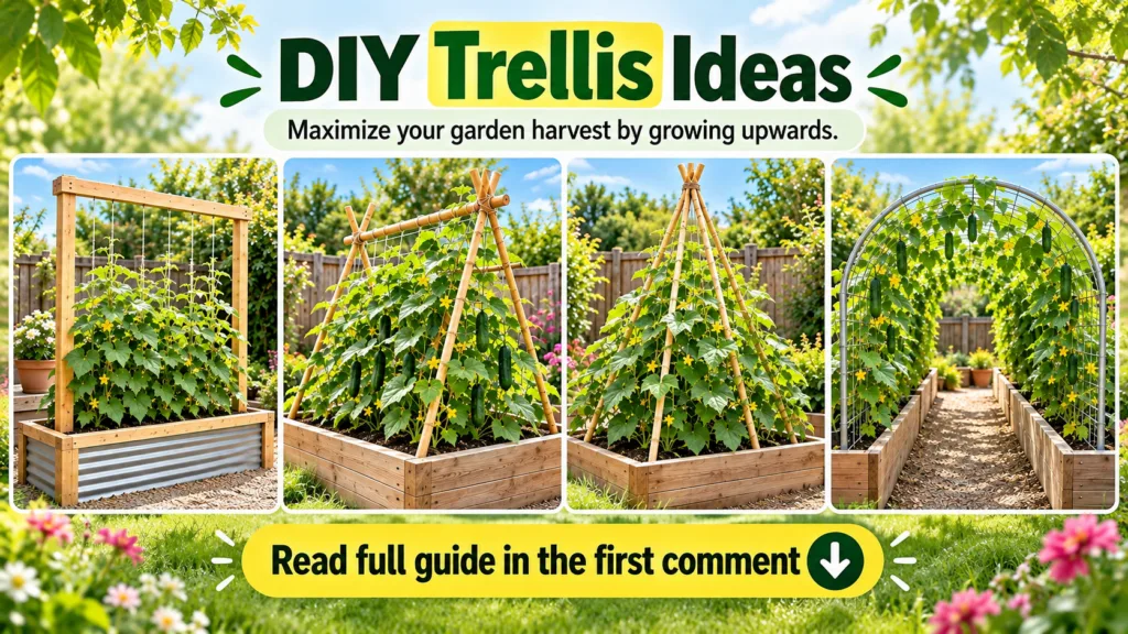 A four-panel collage displaying different DIY trellis designs supporting lush cucumber plants with yellow flowers and ri