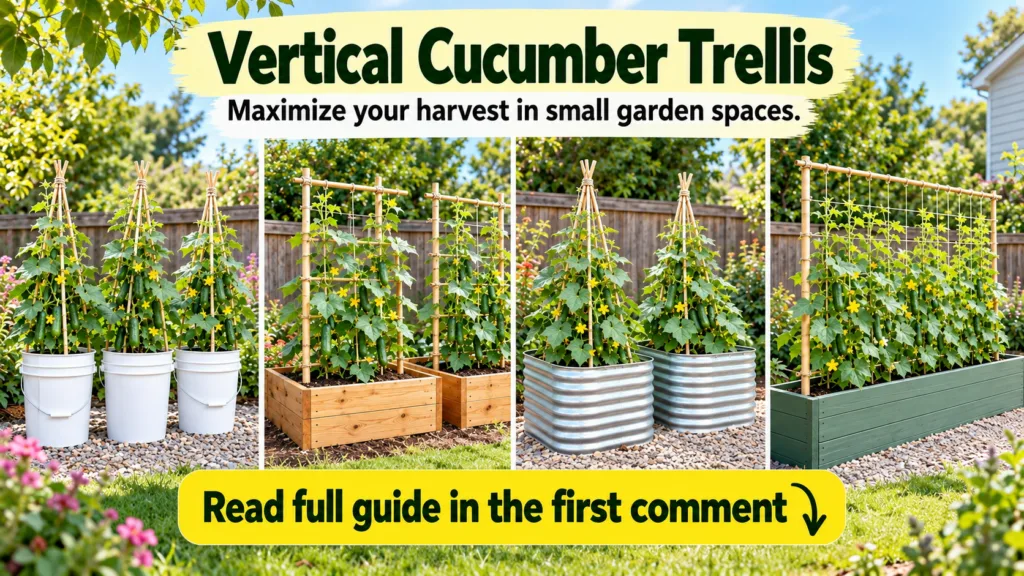 A collage showing four different vertical cucumber trellis setups bamboo tripods in white buckets rectangular bamboo tre