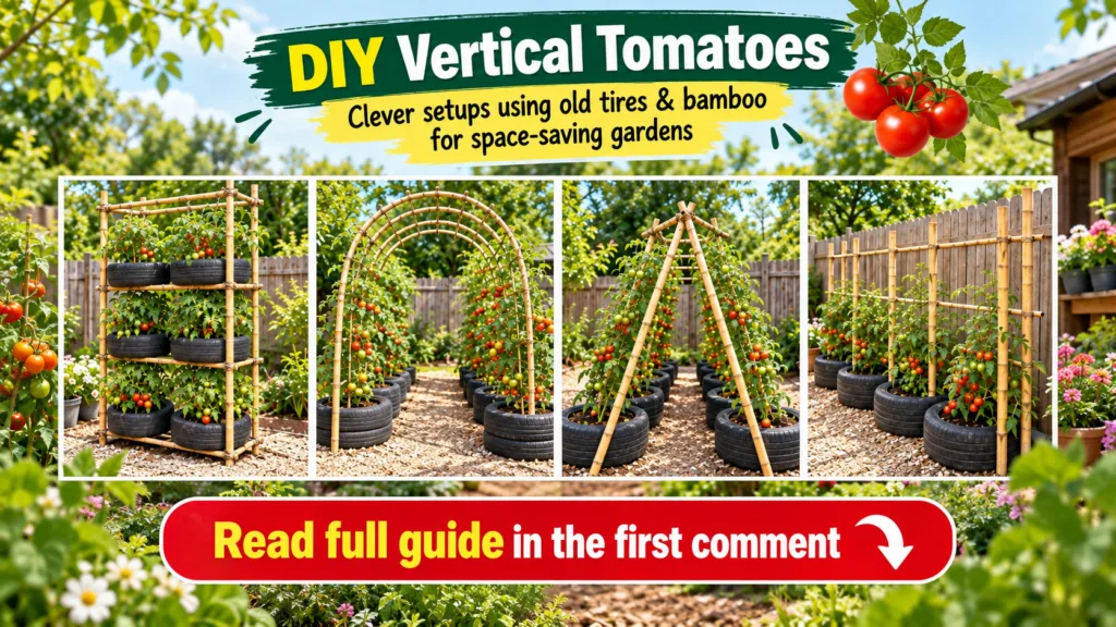 A four-panel grid showcasing various DIY vertical tomato garden setups using repurposed tires as planters and bamboo str