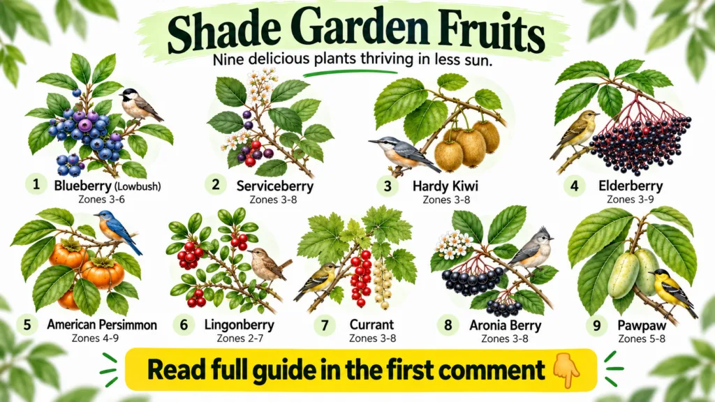 An infographic showing nine different shade-tolerant fruit plants each with illustrations of their fruit leaves and some